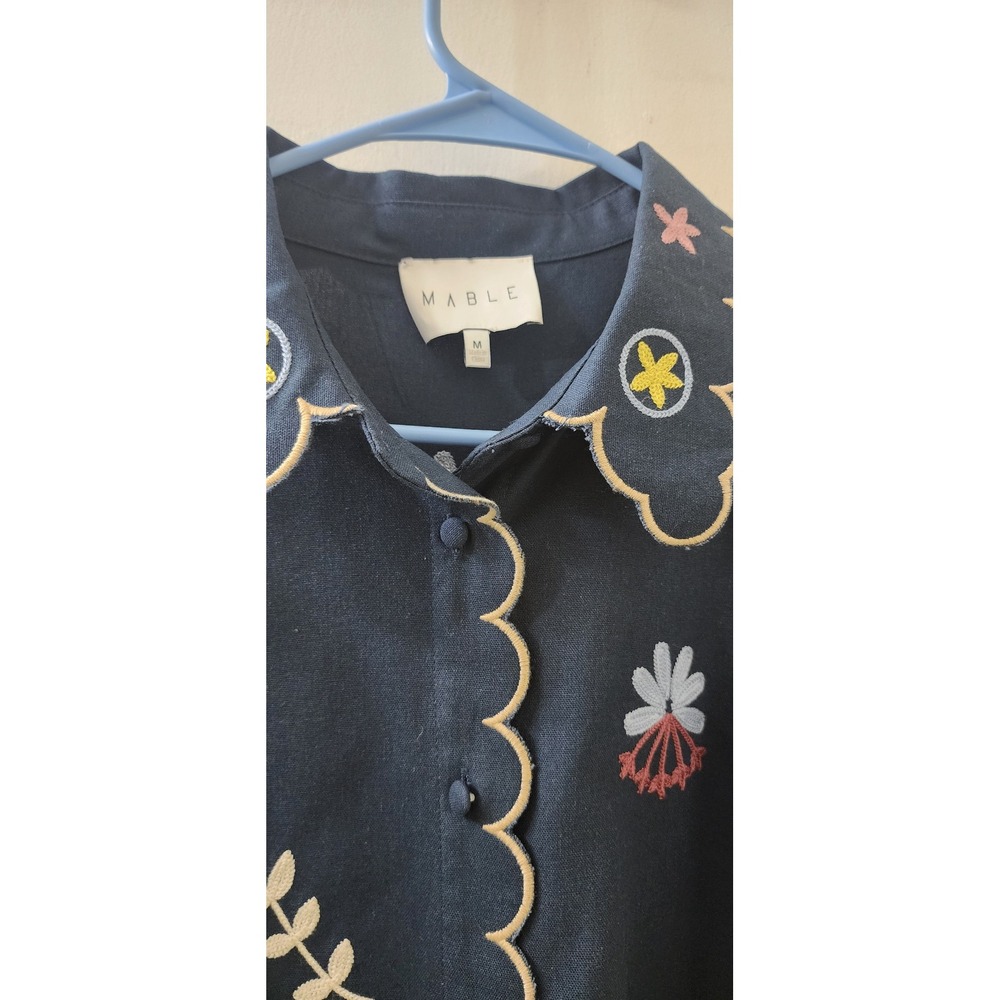 MABLE Navy Blue Embroidered‎ Scalloped Linen Blend Mini Shirt Dress MD4896A M - Picture 3 of 10